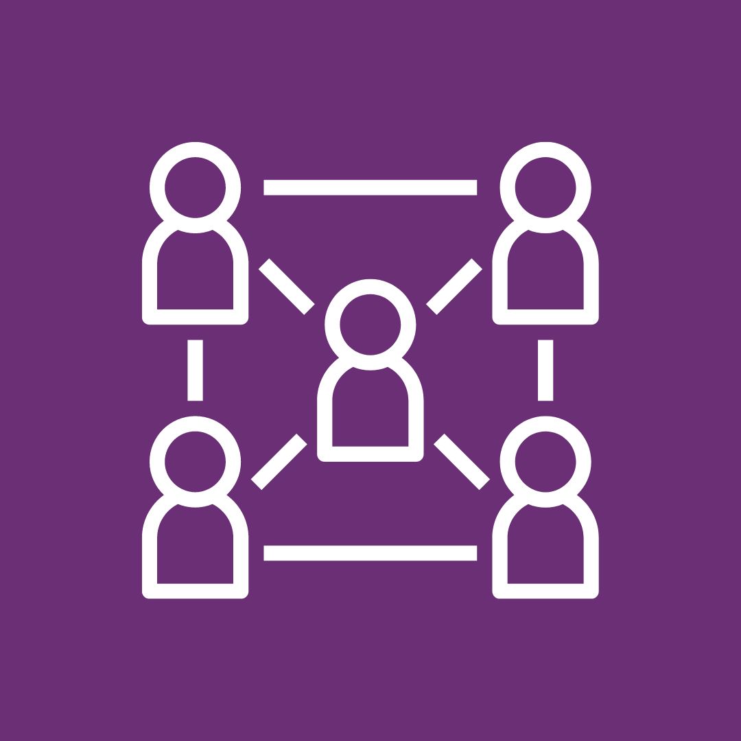 purple logo with a image of a group of 4 people arranged in a square, and another person in the centre of the square